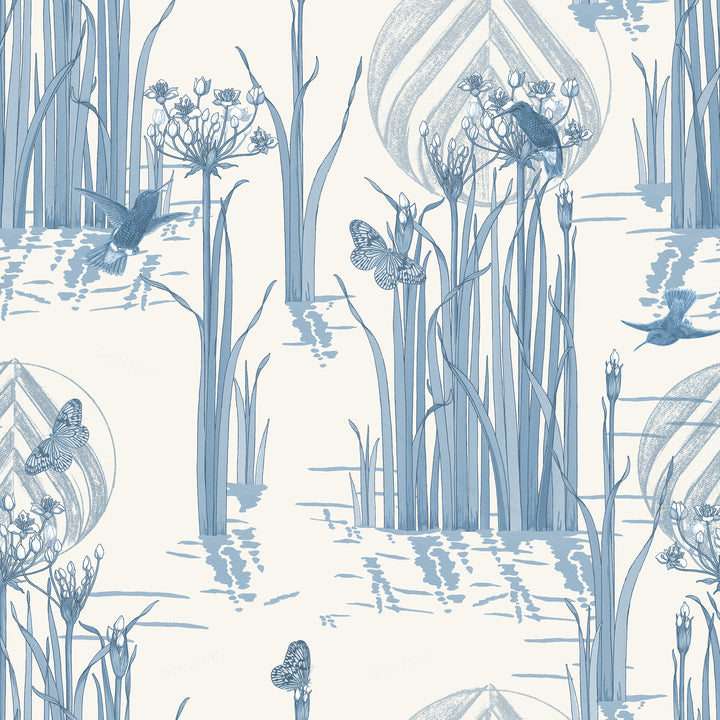 Reed Plants in Water Blue on White