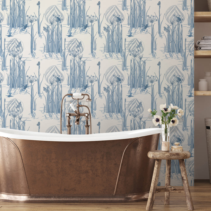 Reed Plants in Water Blue on White