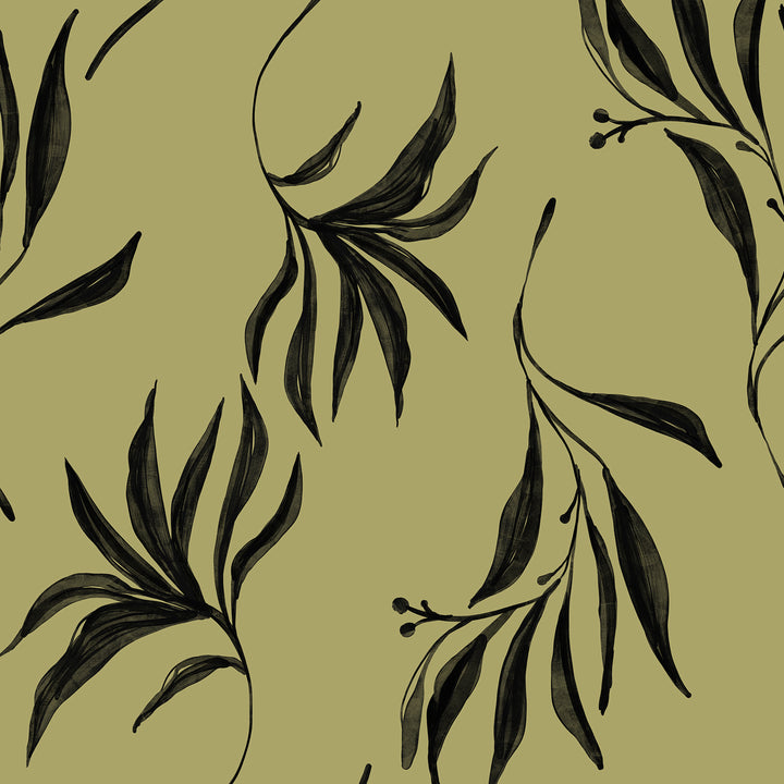 Painterly Branches Black on Olive