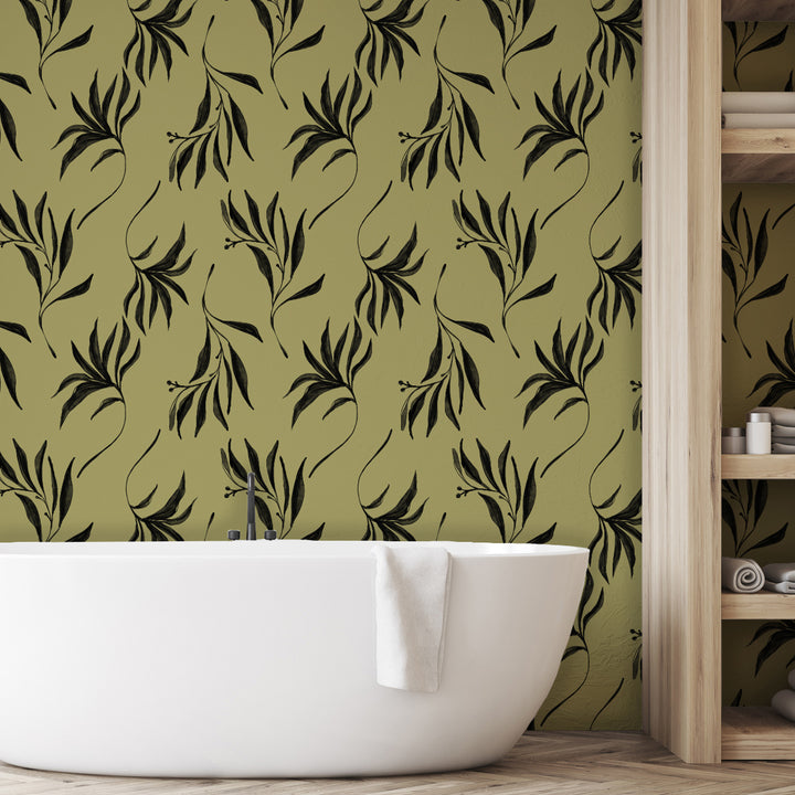 Painterly Branches Black on Olive