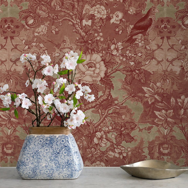 Garden Delight Brick Red on Green Ochre