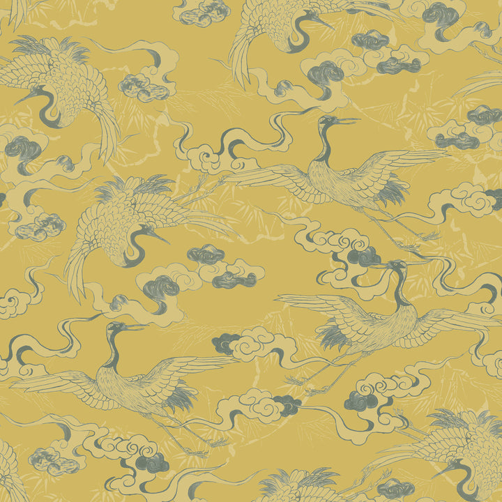 Floating Dreamy Cranes Gray on Gold
