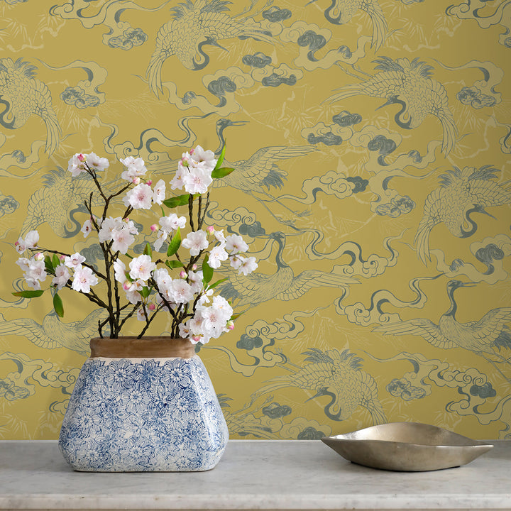 Floating Dreamy Cranes Gray on Gold