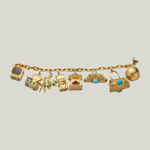 1960s Italian 18KYG, Turq Charm Bracelet - hover