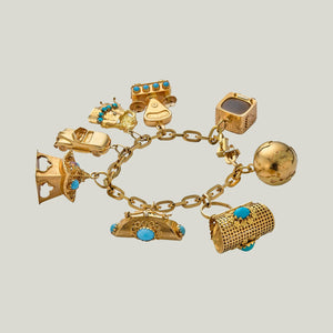 1960s Italian 18KYG, Turq Charm Bracelet