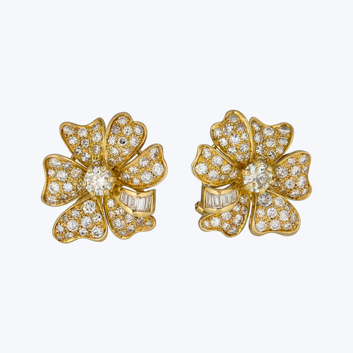 1980s 18KYG Diamond Flower Earrings