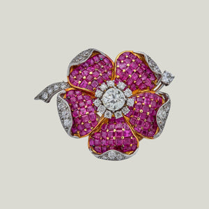 1950s 18KYG, Ruby, Diamond Flower Brooch