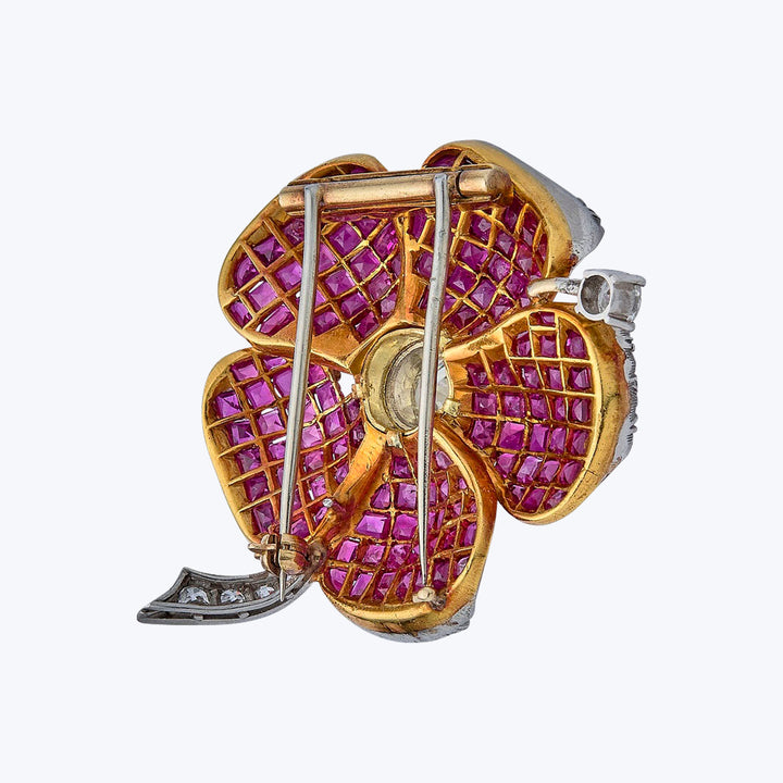 1950s 18KYG, Ruby, Diamond Flower Brooch