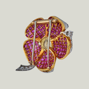 1950s 18KYG, Ruby, Diamond Flower Brooch - hover