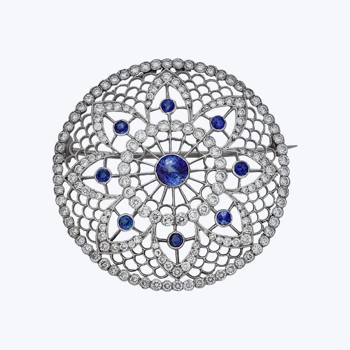 Belle Epoque Platinum Diamond Sapphire Floral Scrollwork Brooch