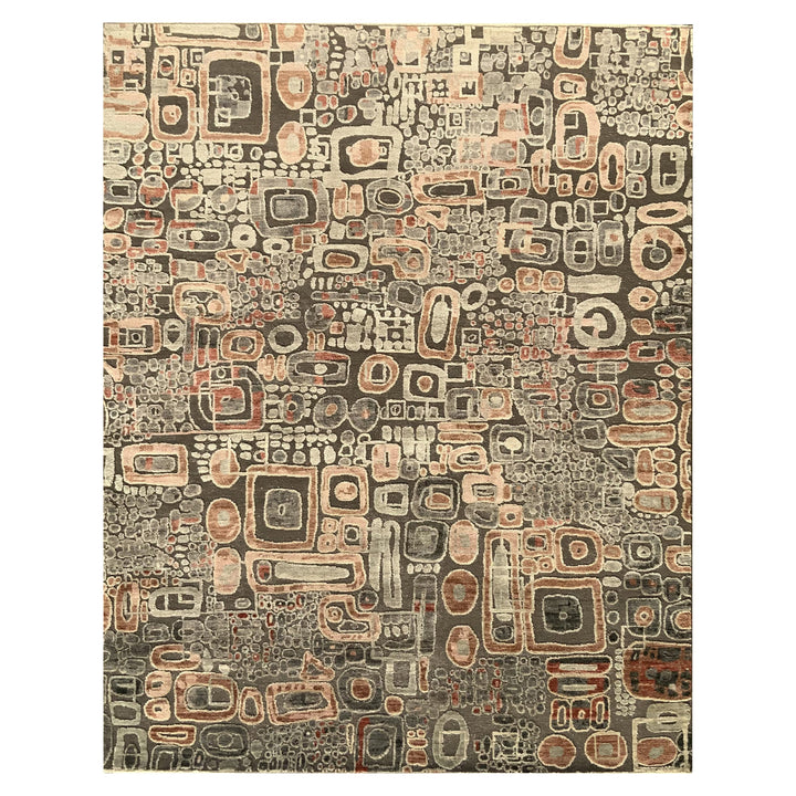 Rust Charcoal Contemporary Wool Silk Blend Rug