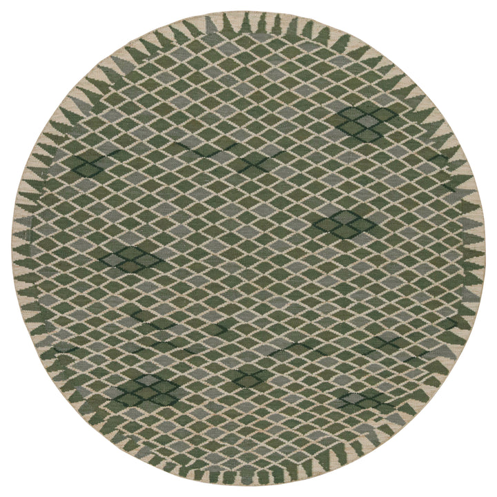 Green Flatweave Swedish Inspired Wool Rug - 7'10" x 7'10"