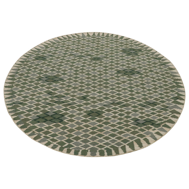 Green Flatweave Swedish Inspired Wool Rug - 7'10" x 7'10"