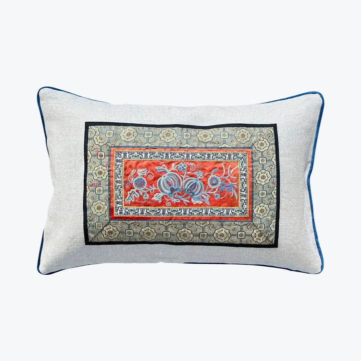 Vintage Silk Embroidery Lumbar Pillow