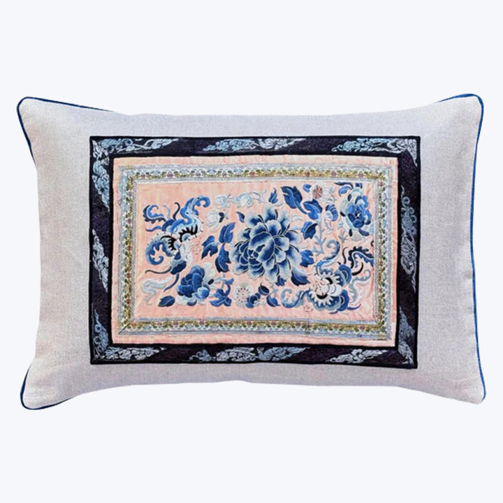 Vintage Silk Embroidery Lumbar Pillow, Blue Peony
