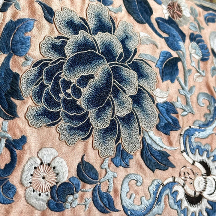 Vintage Silk Embroidery Lumbar Pillow, Blue Peony