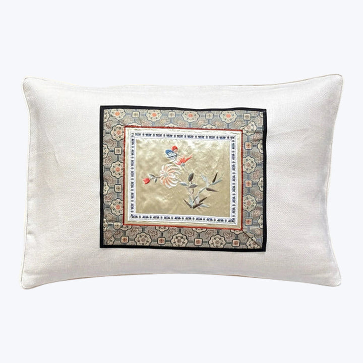Vintage Silk Embroidery Lumbar Pillow, Chrysanthemum