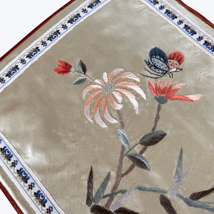 Vintage Silk Embroidery Lumbar Pillow, Chrysanthemum