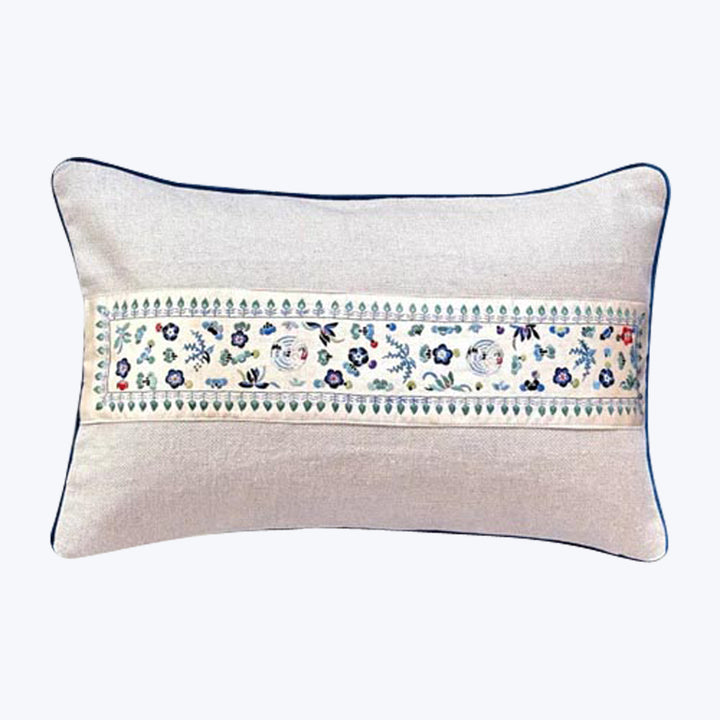 Vintage Silk Embroidery Lumbar Pillow, Floral Scroll