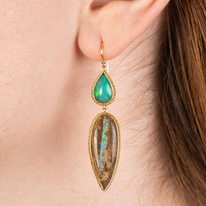 One of a Kind Opalized Wood and Ethiopian Opal Earrings