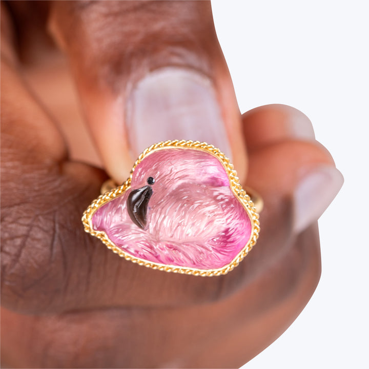 One of a Kind Tourmaline and Black Diamond Flamingo Ring