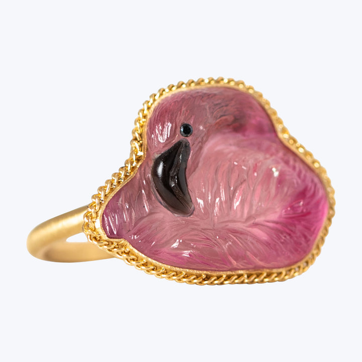 One of a Kind Tourmaline and Black Diamond Flamingo Ring