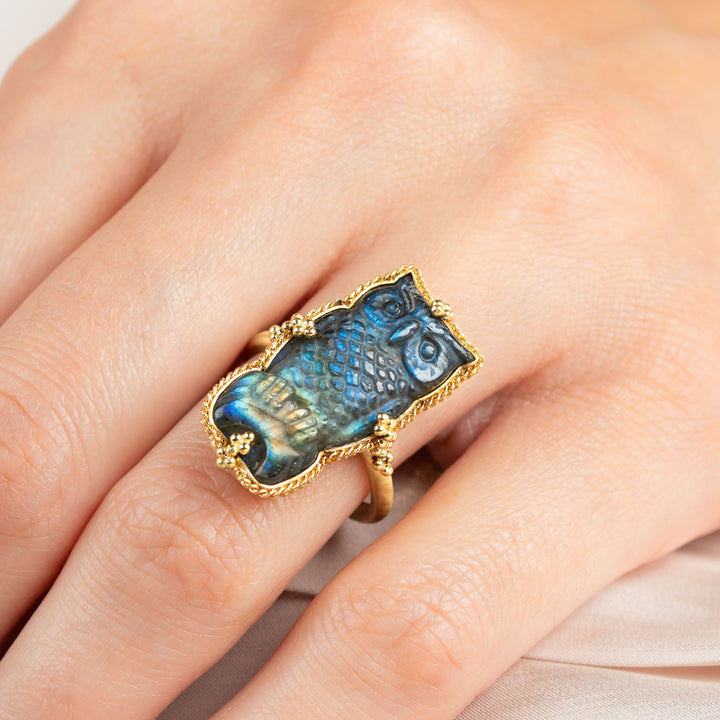 One of a Kind Carved Labradorite Owl Ring