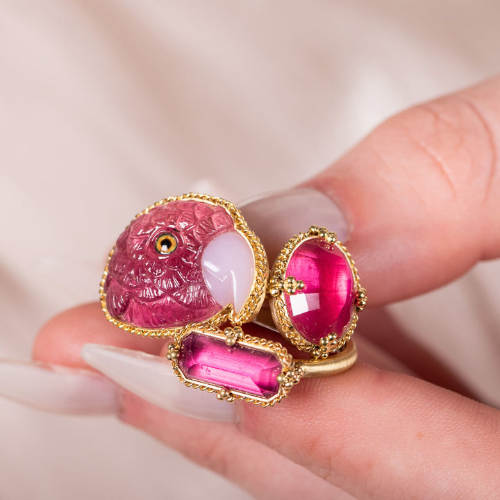 One of a Kind Tourmaline and Pink Opal Parrot Ring