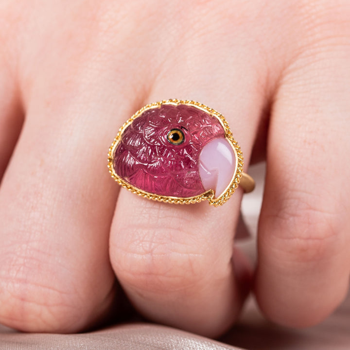 One of a Kind Tourmaline and Pink Opal Parrot Ring