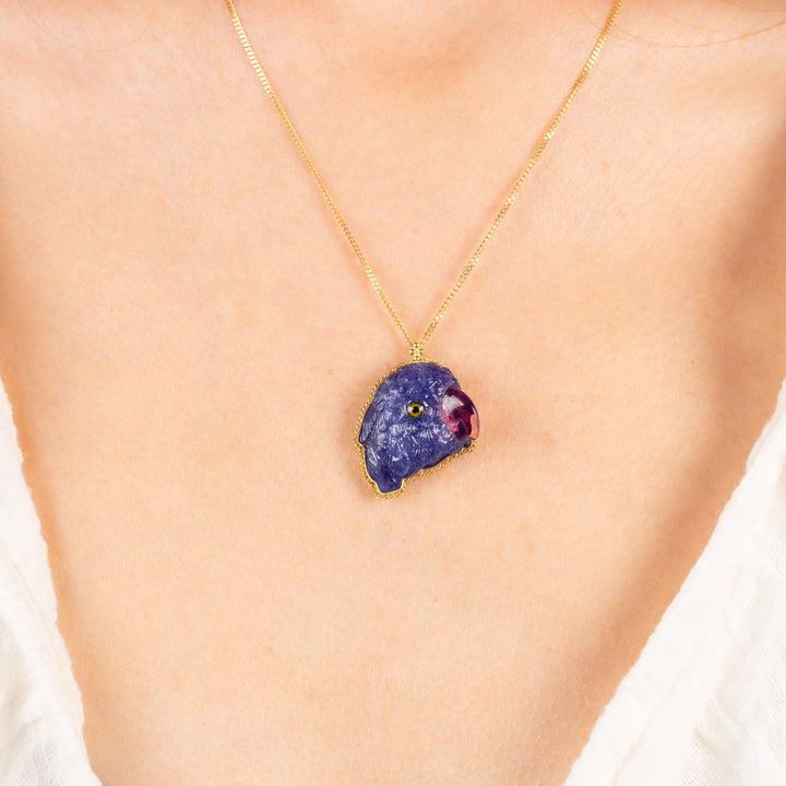 One of a Kind Tanzanite and Tourmaline Purple Parrot Necklace