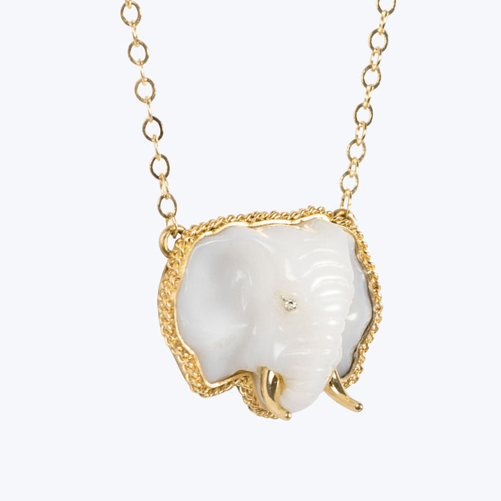 One of a Kind White Opal and Diamond Elephant Necklace