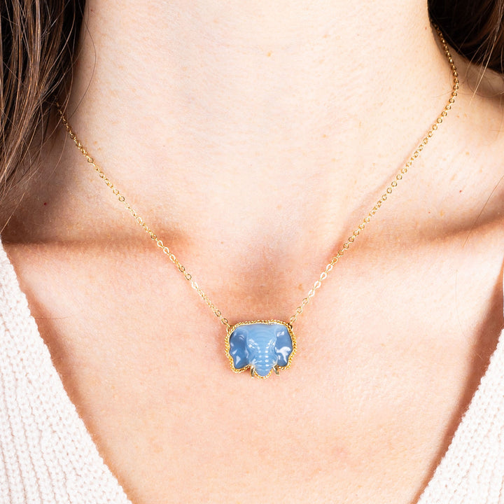 One of a Kind Blue Opal and Diamond Elephant Necklace