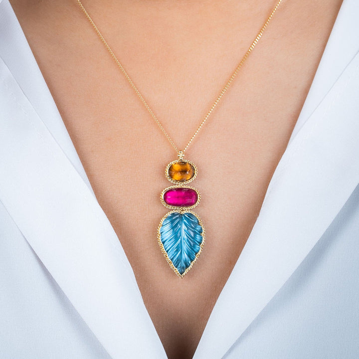 One of a Kind London Blue Topaz, Brown Zircon and Tourmaline Leaf Necklace