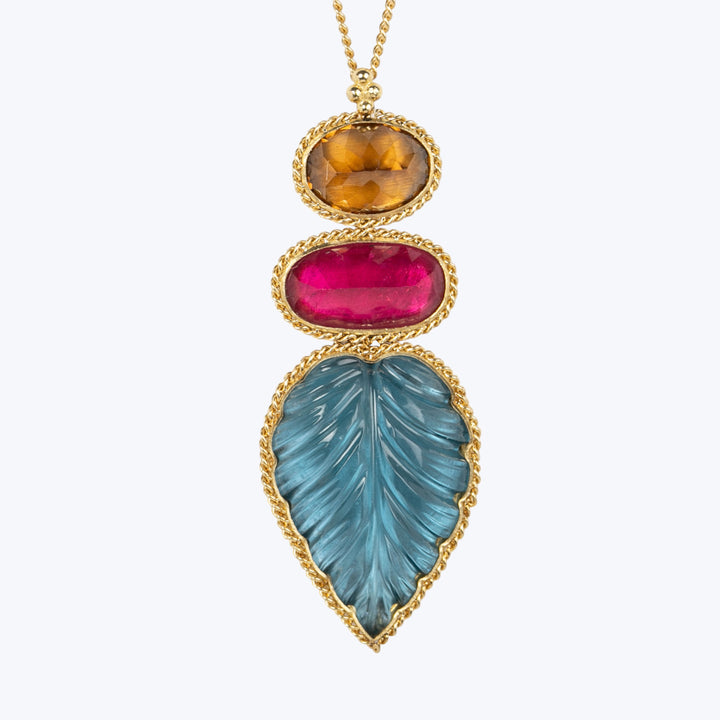 One of a Kind London Blue Topaz, Brown Zircon and Tourmaline Leaf Necklace