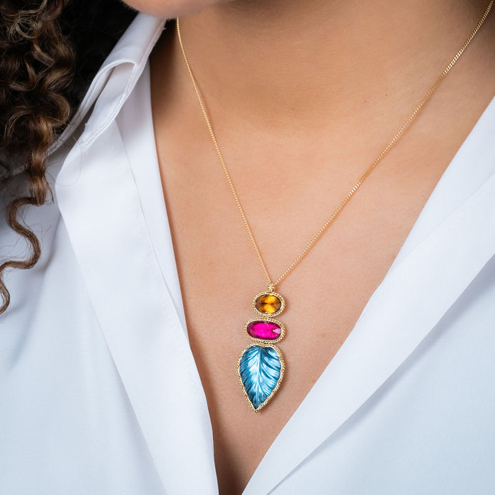 One of a Kind London Blue Topaz, Brown Zircon and Tourmaline Leaf Necklace