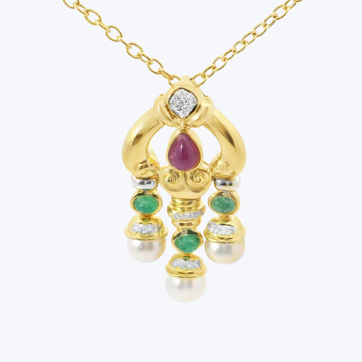 18KG Pearl, Ruby, Emerald, and Diamond Dangle Pendant