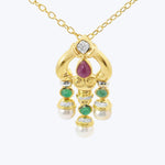 18KG Pearl, Ruby, Emerald, and Diamond Dangle Pendant