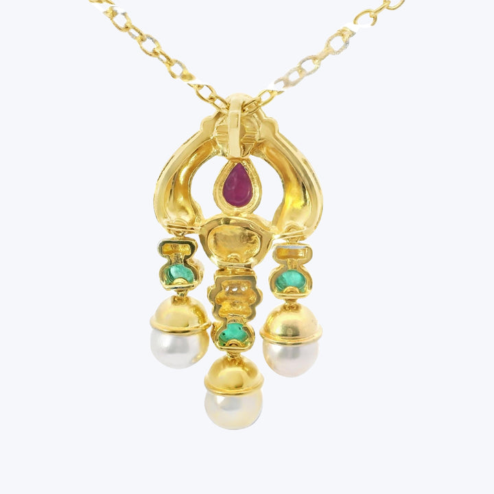 18KG Pearl, Ruby, Emerald, and Diamond Dangle Pendant