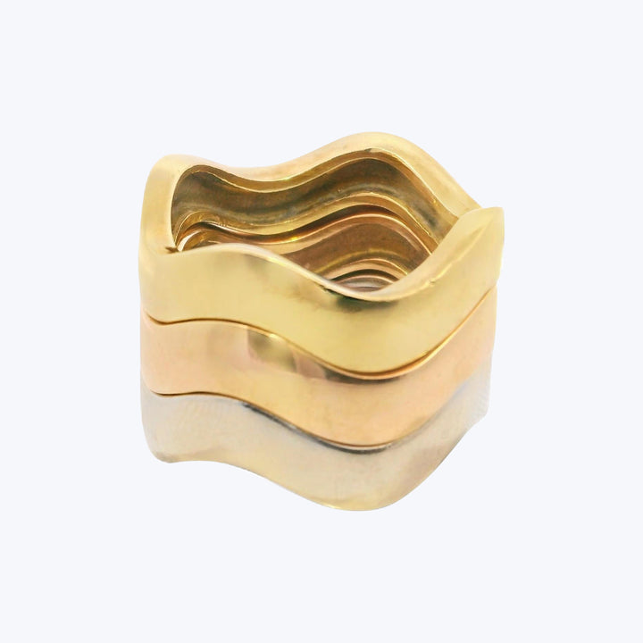 18K Tri-color gold set of wave rings – Rose, Yellow and White gold