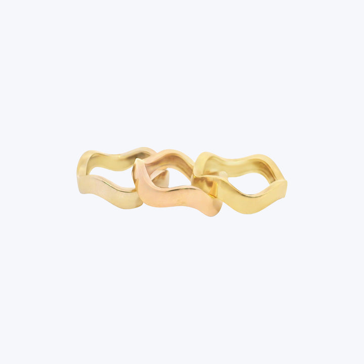18K Tri-color gold set of wave rings – Rose, Yellow and White gold