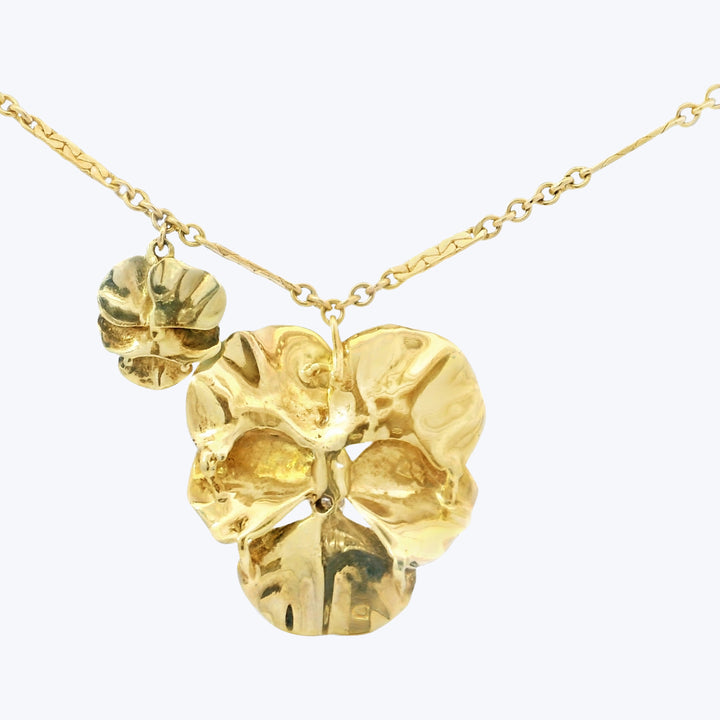 18KYG enamel and diamond pansy necklace