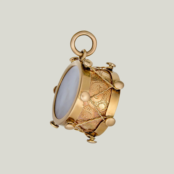 Retro 14KYG Mother-of-Pearl Drum Charm