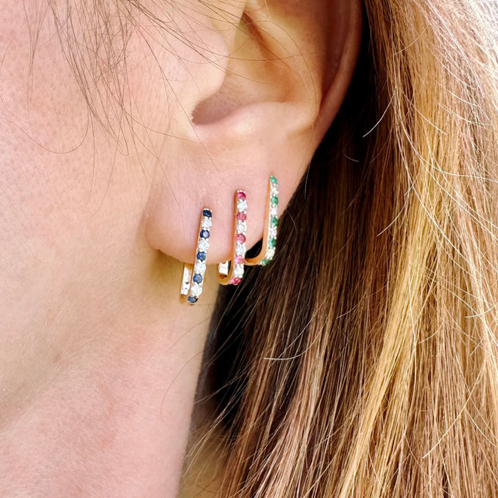 Diamond + Emerald Small Paperclip Hoop Earring