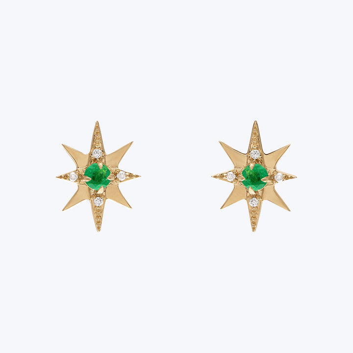 Starburst Stud Earrings, Yellow Gold, Emerald, Small