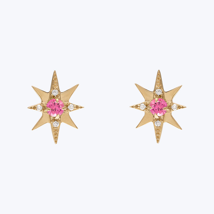 Starburst Stud Earrings, Yellow Gold, Pink Tourmaline, Small