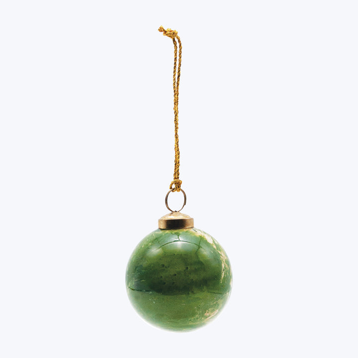 Glass Ball Ornament, Marbled Green & Gold Finish