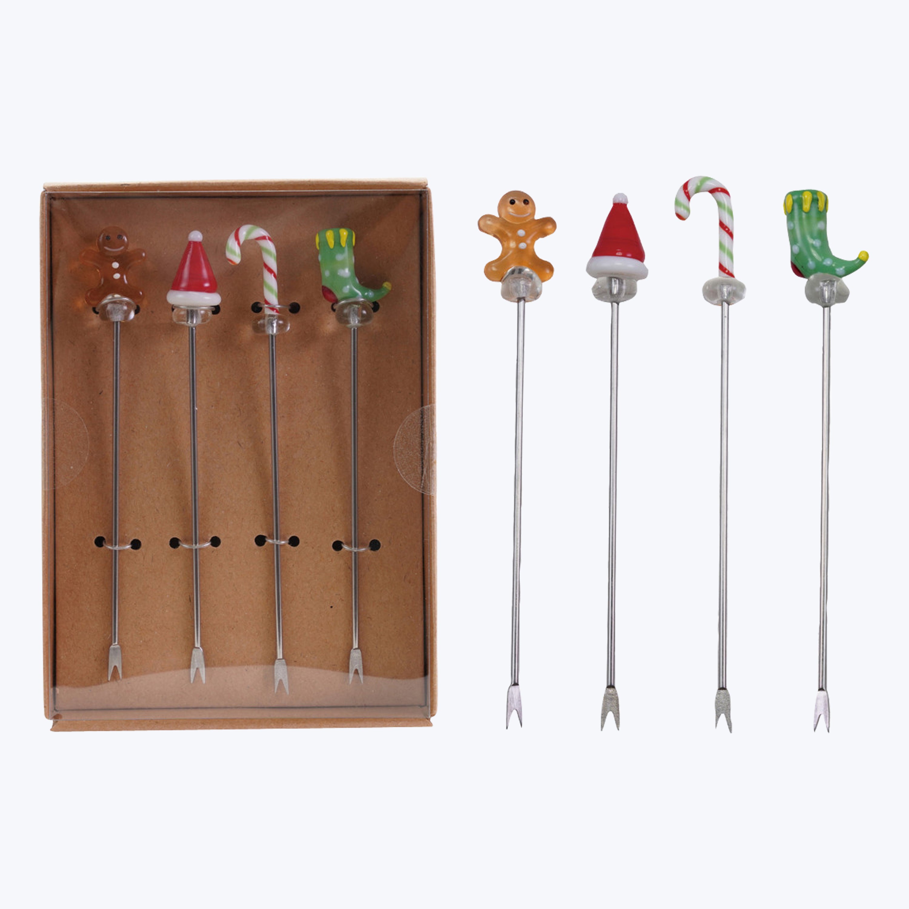 S/4 Stainless Steel Picks w Blown Glass Icons