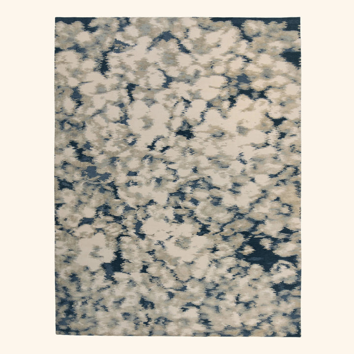 White Blue Contemporary Wool Silk Blend Rug - 8' x 10'