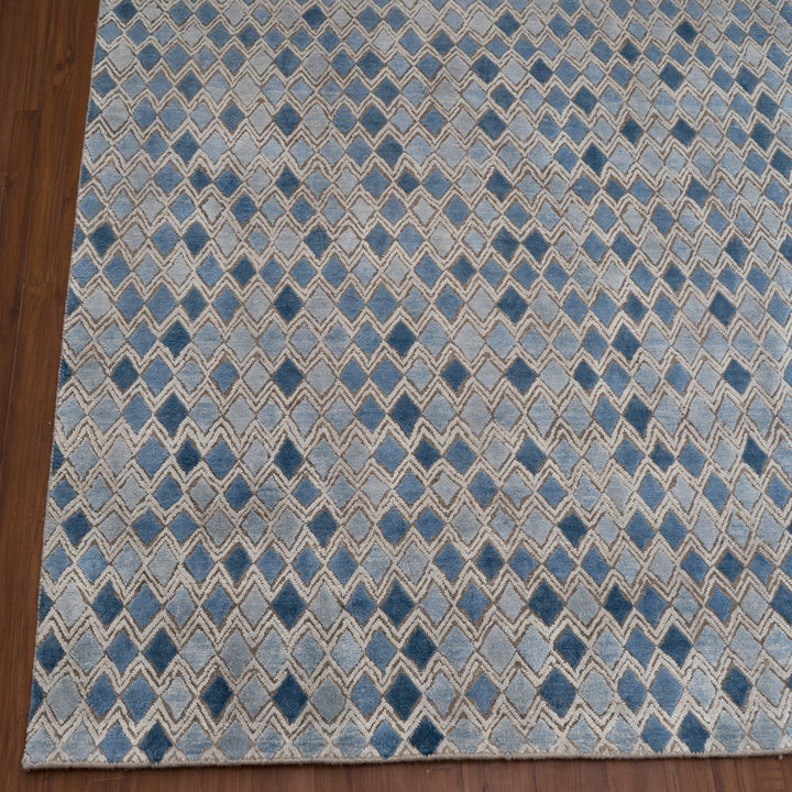 Blue Contemporary Silk Wool Blend Rug - 6' x 9'