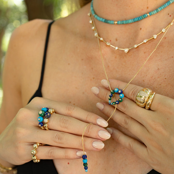 Beaded Bubbles Stack Ring, Yellow Gold, Malachite, Lapis, Turquoise, Size 7